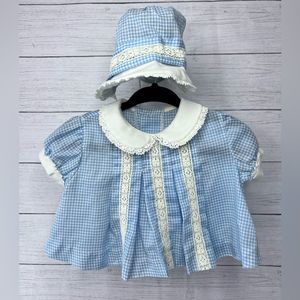 Vintage Girl’s Gingham Button Back Peter Pan Collared Dress Matching Bonnet 💗
